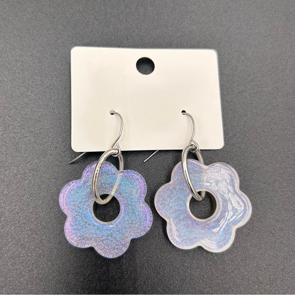 Iridescent Large Dangle Flower Earrings Purple Shimmer Acrylic